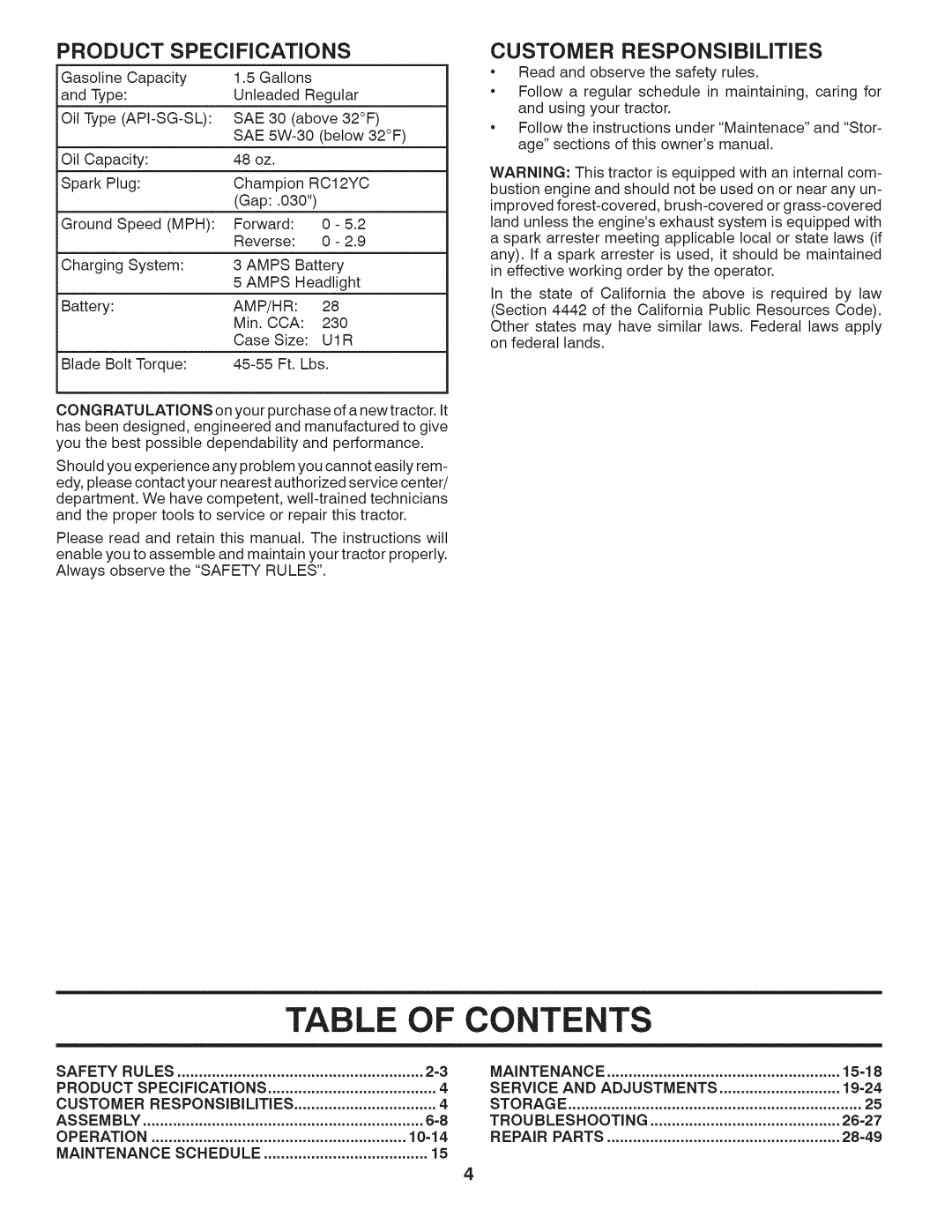 Husqvarna LTH18538 owner manual Table, Of Contents, PRODUCT SPECiFiCATiONS, Customer Responsibilities 