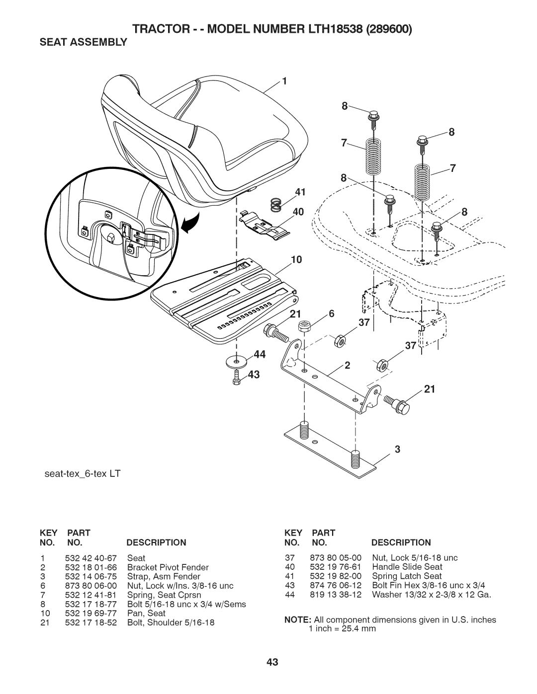 Husqvarna owner manual TRACTOR - - MODEL NUMBER LTH18538, Seat Assembly, Part 