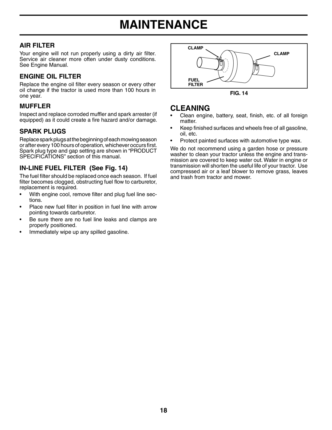 Husqvarna LTH18542 owner manual Cleaning, AIR Filter, Engine OIL Filter, Muffler, Spark Plugs 