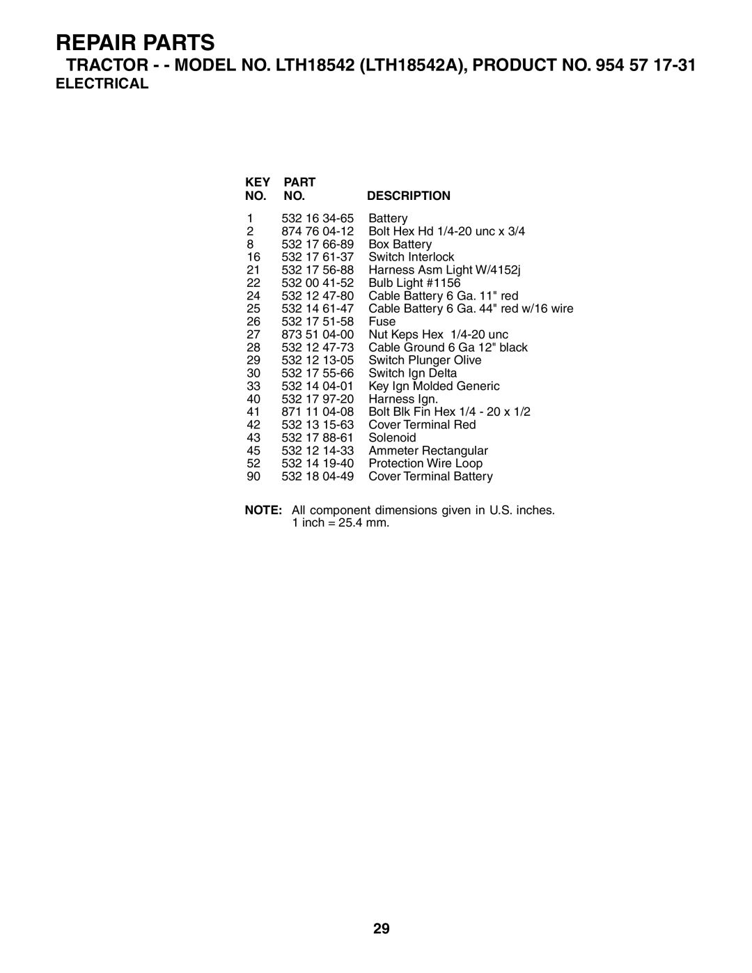 Husqvarna LTH18542 owner manual KEY Part Description 