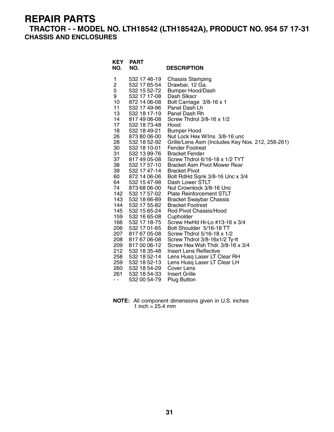 Husqvarna LTH18542 owner manual Repair Parts 