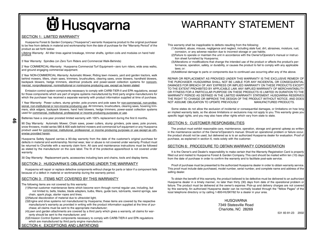 Husqvarna LTH18542 owner manual Warranty Statement 