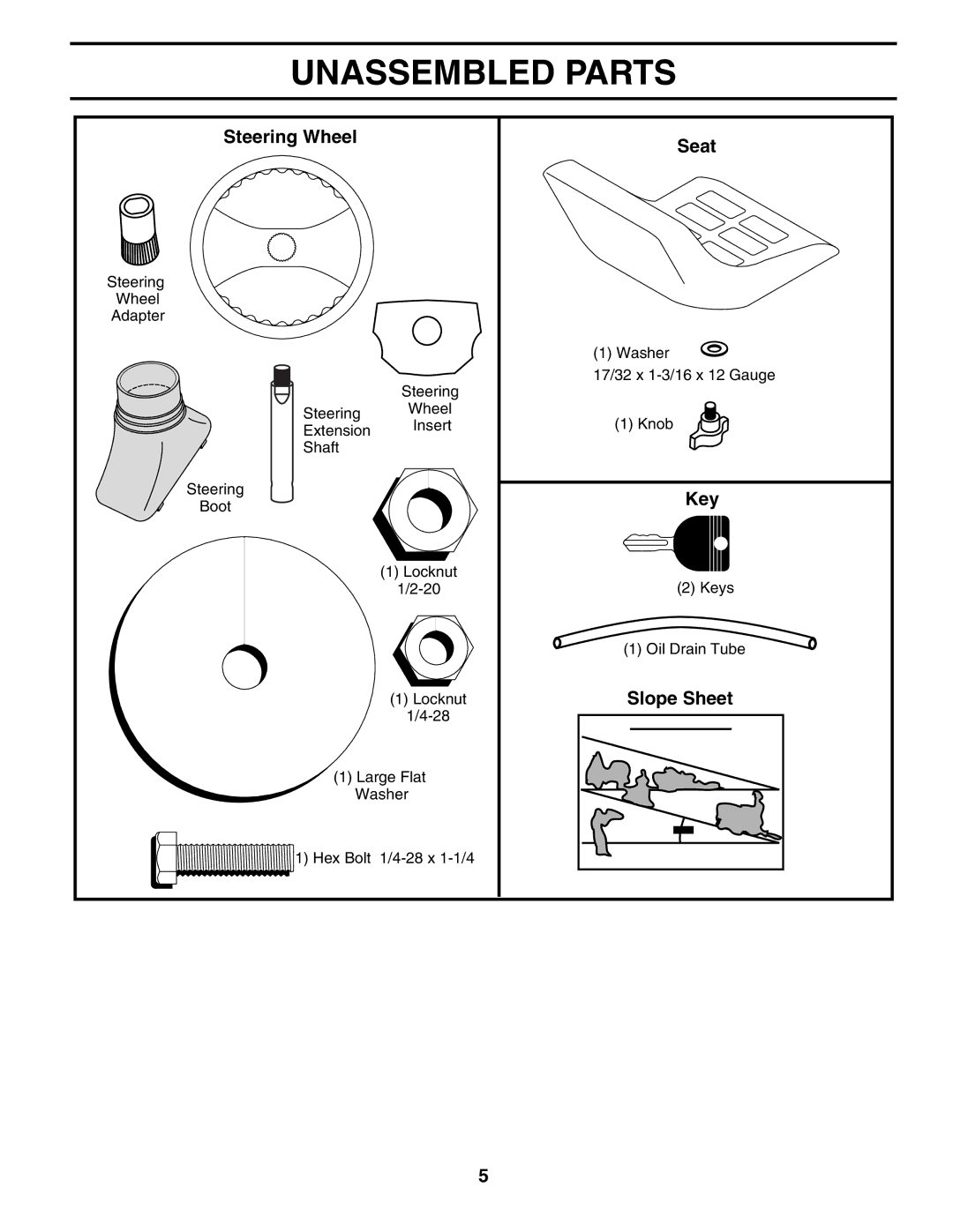 Husqvarna LTH18542 owner manual Unassembled Parts, Steering Wheel Seat, Key, Slope Sheet 