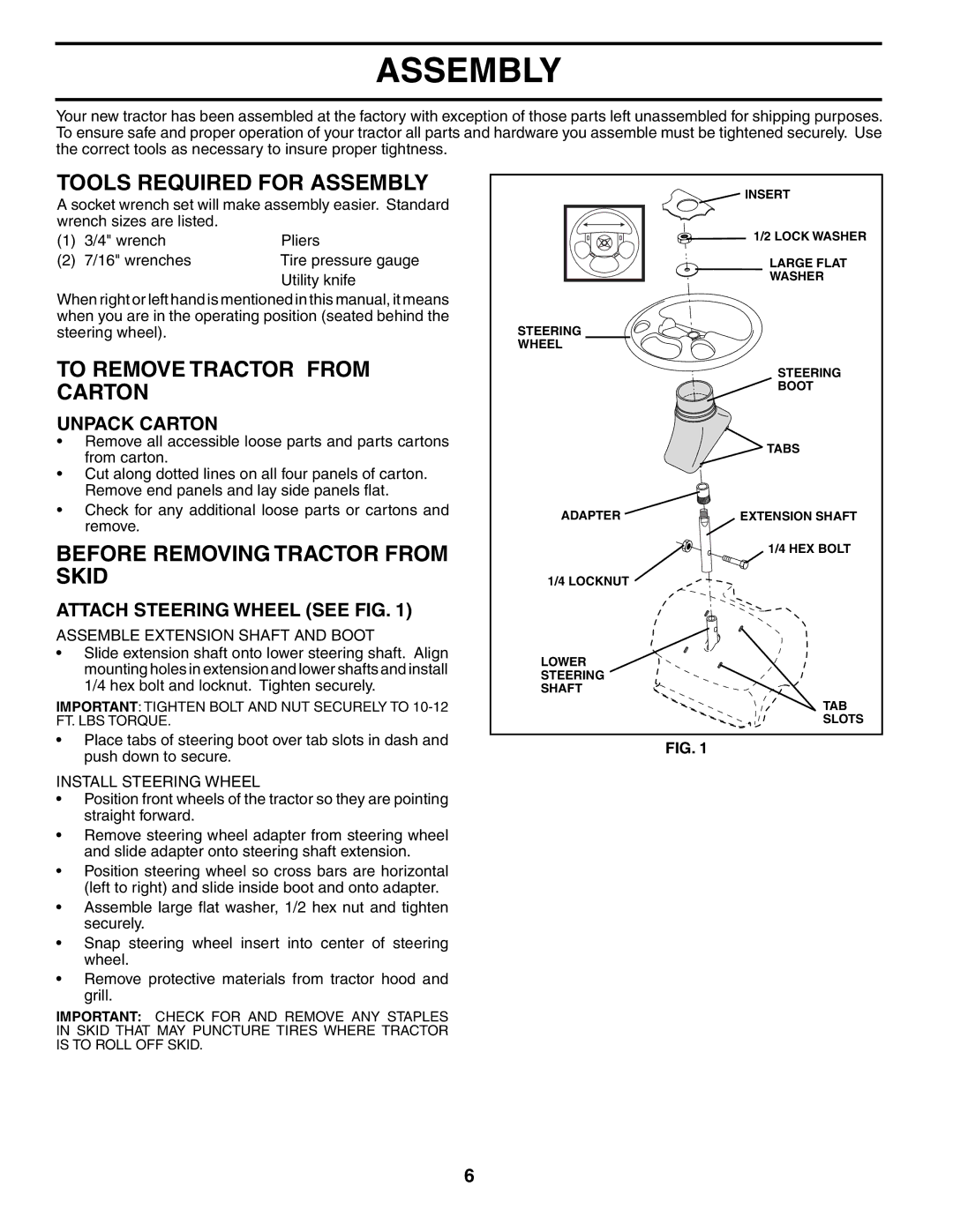 Husqvarna LTH18542 Tools Required for Assembly, To Remove Tractor from Carton, Before Removing Tractor from Skid 