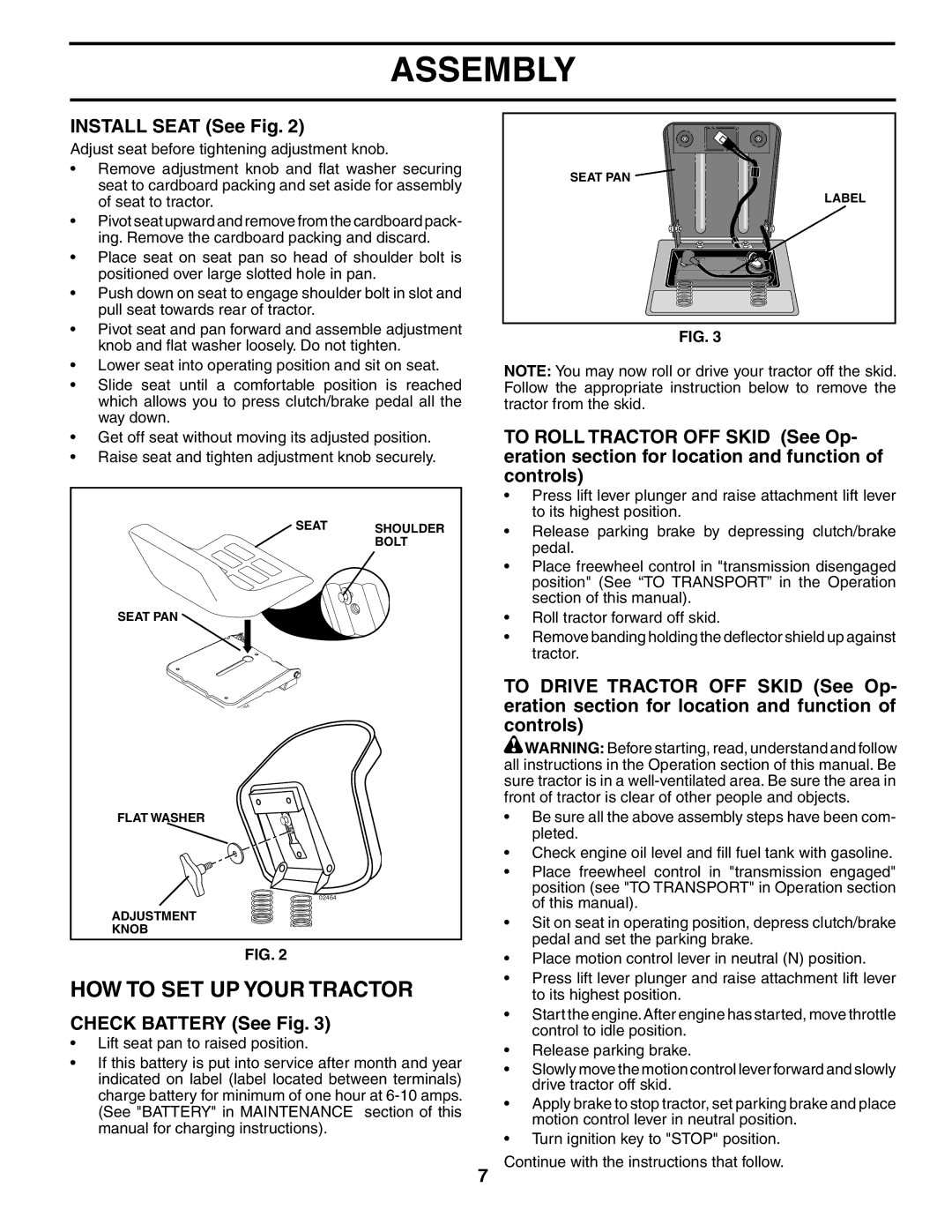 Husqvarna LTH18542 owner manual HOW to SET UP Your Tractor, Install Seat See Fig, Check Battery See Fig 