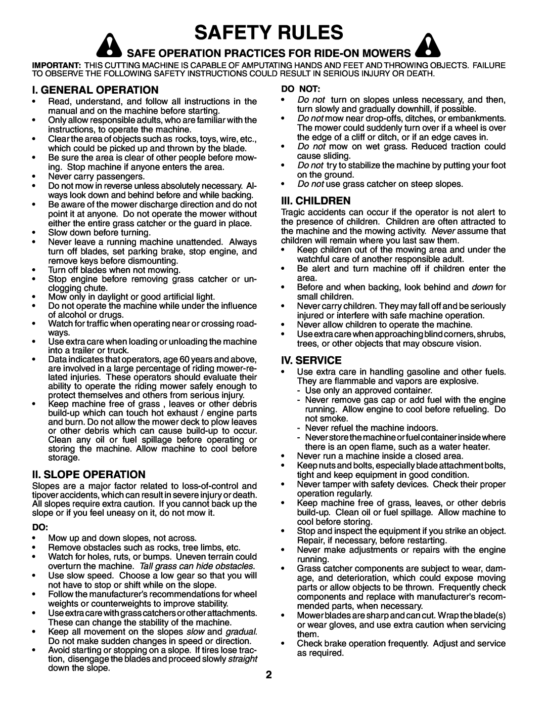 Husqvarna LTH18542 Safety Rules, Safe Operation Practices For Ride-On Mowers, I. General Operation, Ii. Slope Operation 