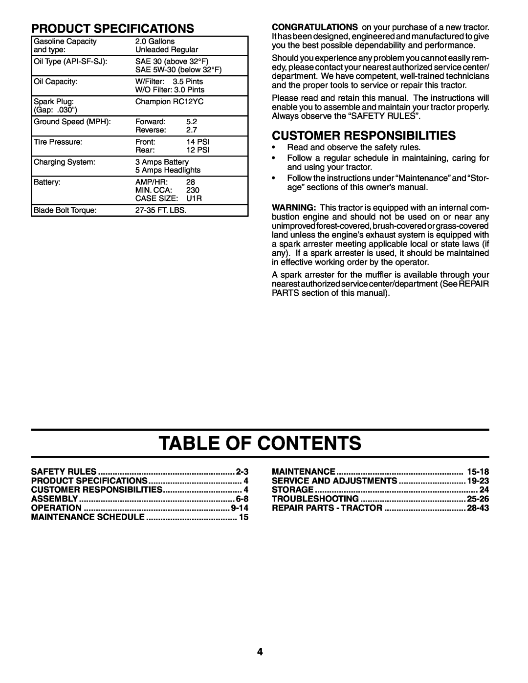 Husqvarna LTH18542 owner manual Table Of Contents, Product Specifications, Customer Responsibilities 