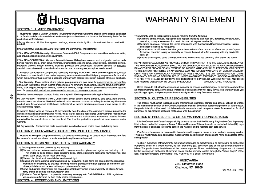Husqvarna LTH18542 owner manual Warranty Statement, Limited Warranty, Husqvarna’S Obligations Under The Warranty 