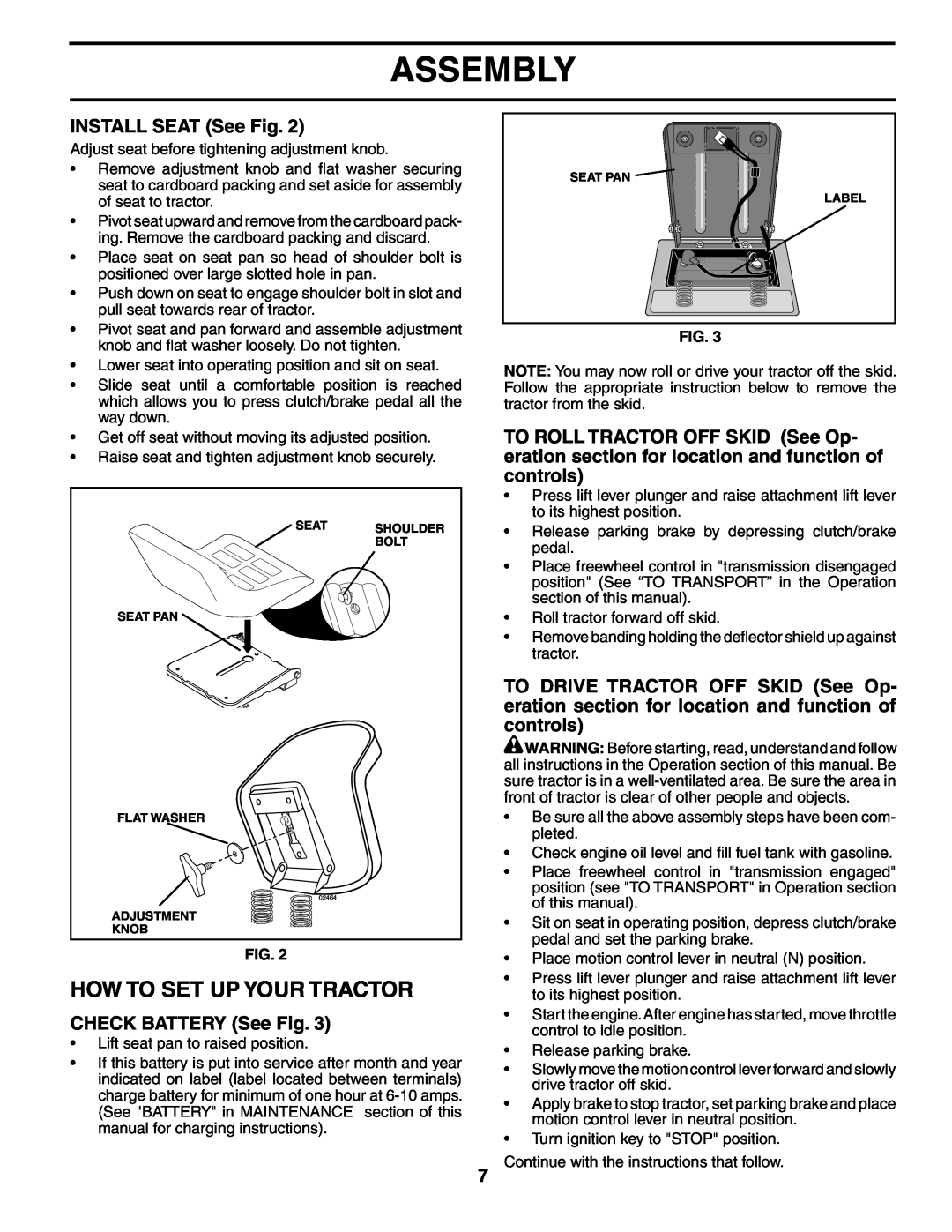 Husqvarna LTH18542 owner manual How To Set Up Your Tractor, INSTALL SEAT See Fig, CHECK BATTERY See Fig, Assembly 