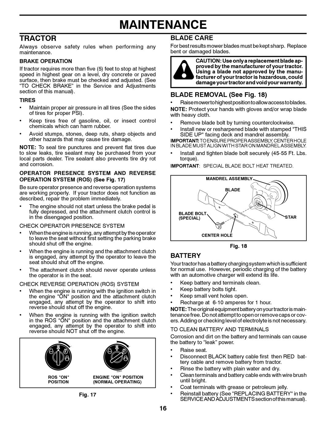 Husqvarna LTH2038 manual Tractor, Blade Care, Blade Removal See Fig, Battery 