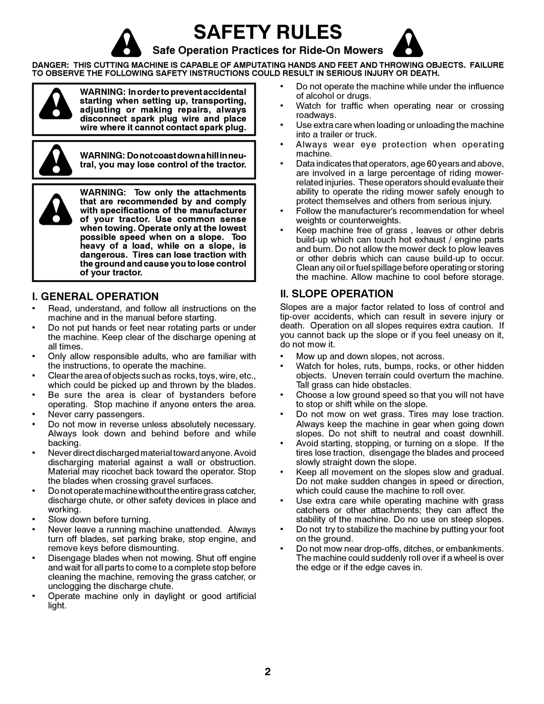 Husqvarna LTH2038 manual Safety Rules, Safe Operation Practices for Ride-On Mowers, General Operation, II. Slope Operation 