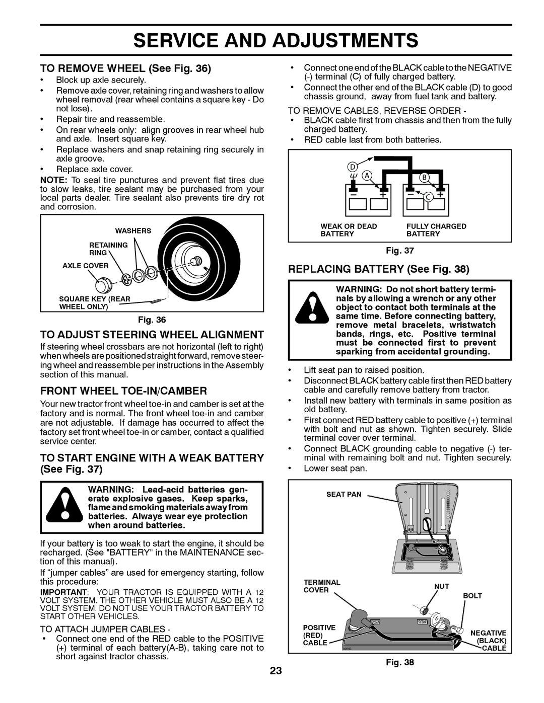 Husqvarna LTH2038 manual To Remove Wheel See Fig, To Adjust Steering Wheel Alignment, Front Wheel TOE-IN/CAMBER 