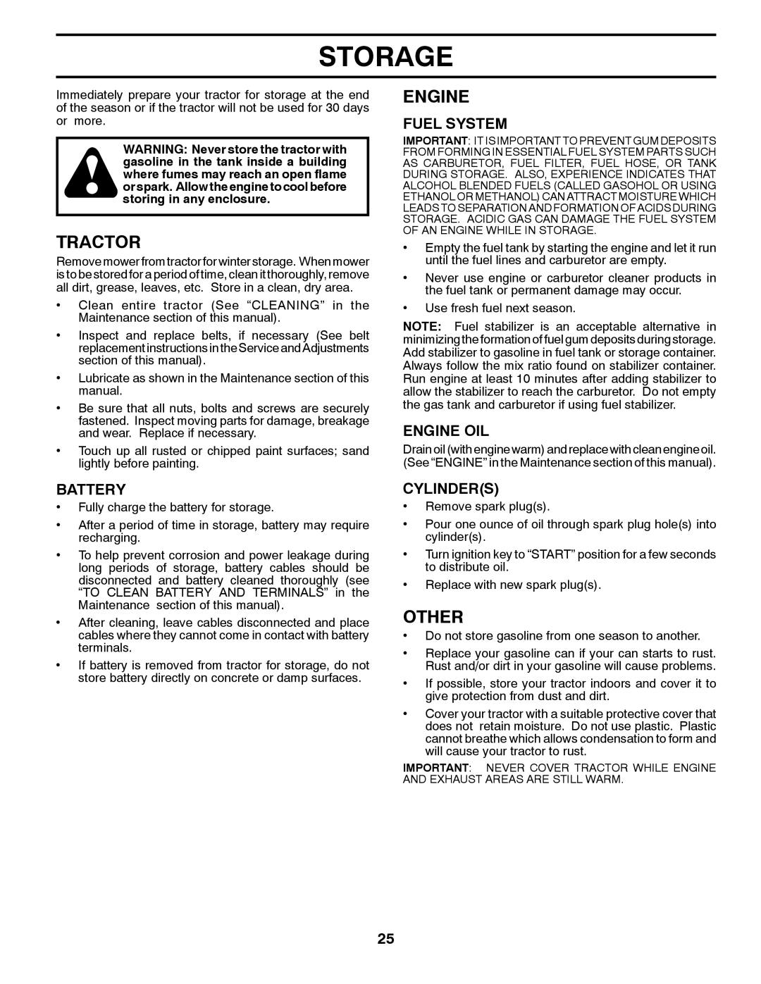 Husqvarna LTH2038 manual Storage, Other, Fuel System, Engine OIL, Cylinders 