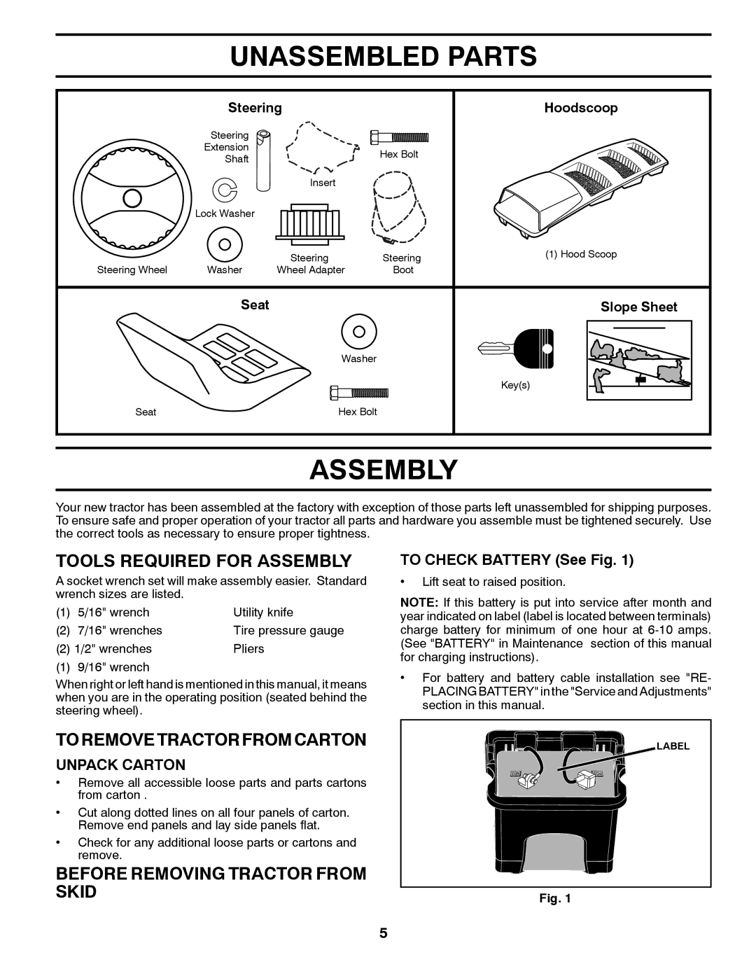 Husqvarna LTH2038 manual Unassembled Parts, Tools Required for Assembly, To Remove Tractor from Carton 