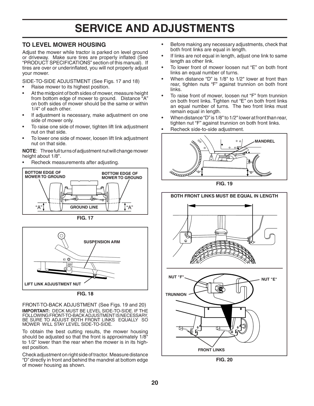 Husqvarna LTH2042 owner manual To Level Mower Housing, FRONT-TO-BACK Adjustment See Figs 