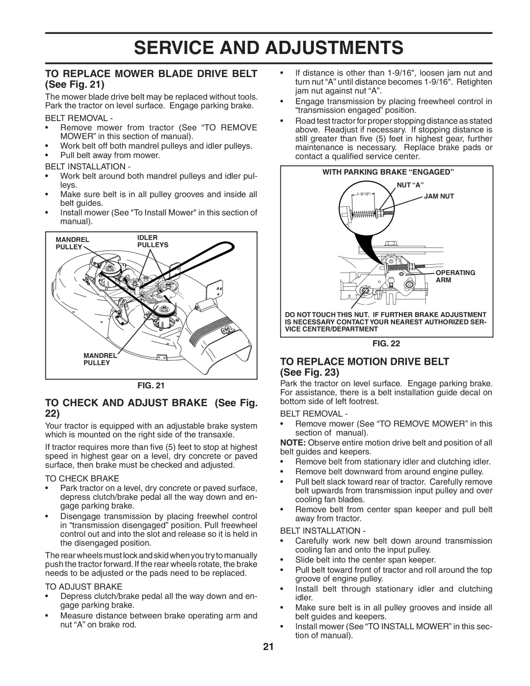 Husqvarna LTH2042 owner manual To Replace Mower Blade Drive Belt See Fig, To Check and Adjust Brake See Fig 