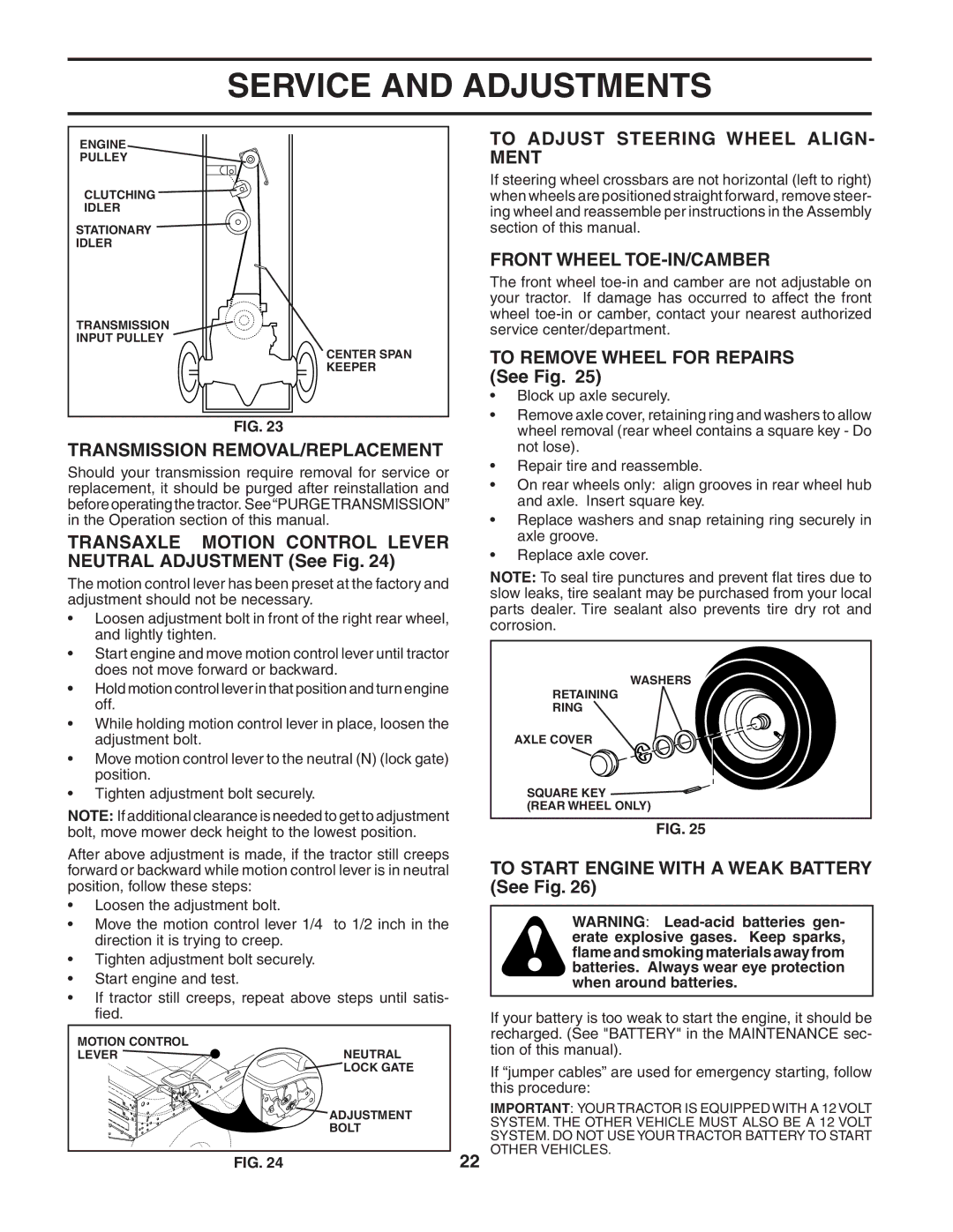 Husqvarna LTH2042 Transmission REMOVAL/REPLACEMENT, To Adjust Steering Wheel ALIGN- Ment, Front Wheel TOE-IN/CAMBER 