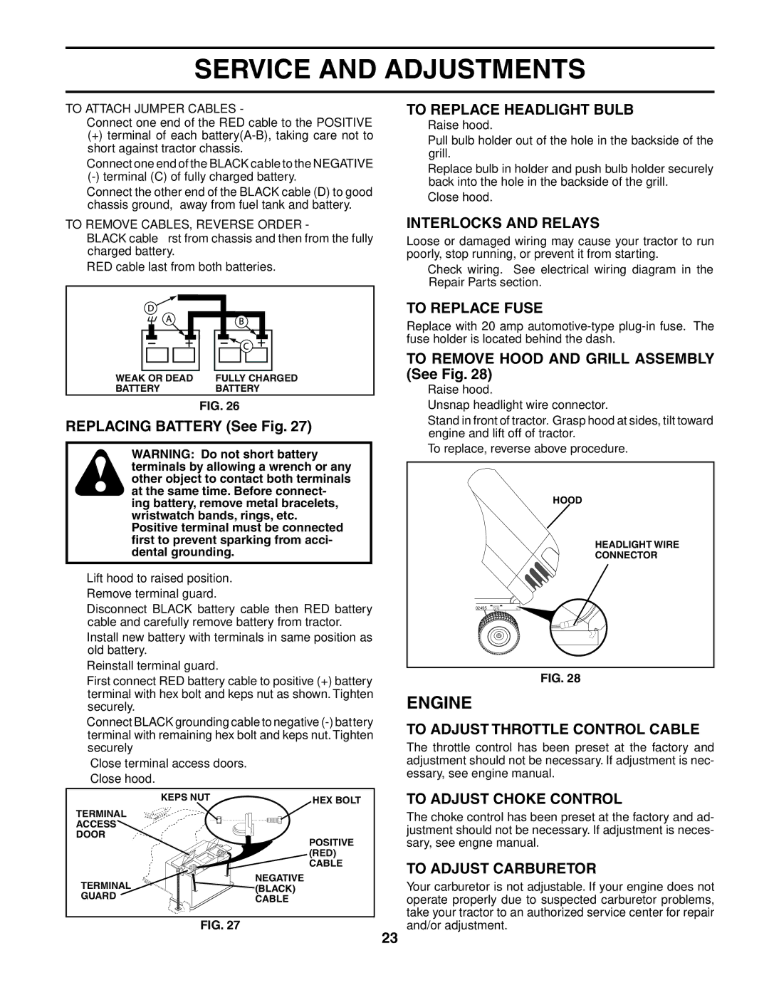 Husqvarna LTH2042 To Replace Headlight Bulb, Interlocks and Relays, To Replace Fuse, To Adjust Throttle Control Cable 