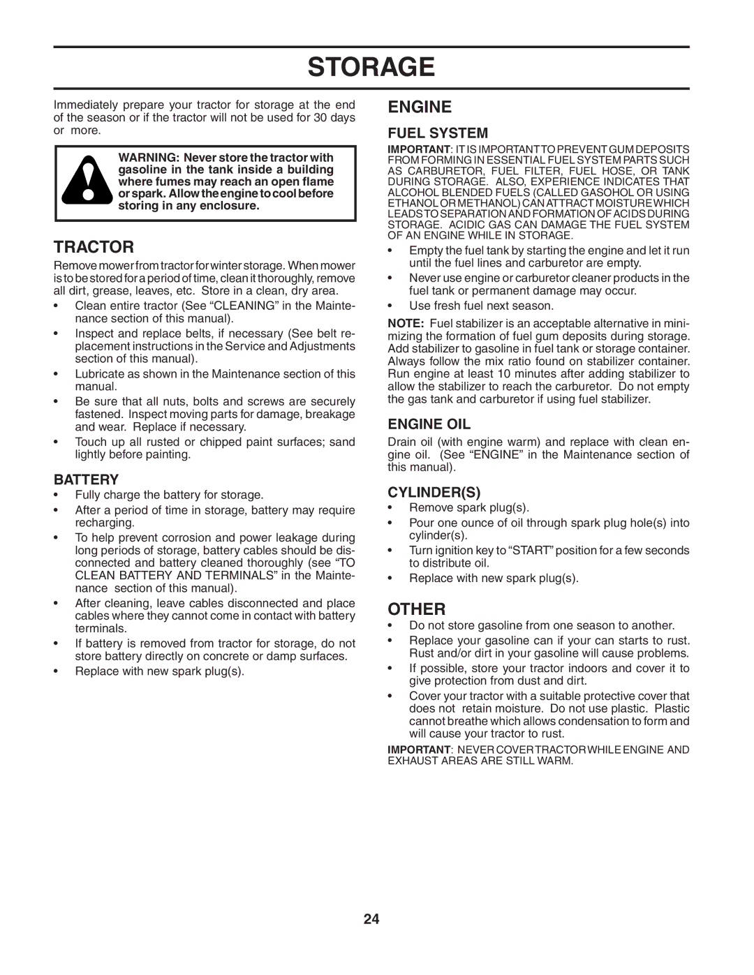 Husqvarna LTH2042 owner manual Storage, Other, Fuel System, Engine OIL, Cylinders 