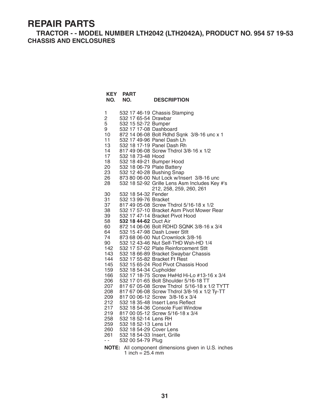 Husqvarna LTH2042 owner manual 58 532 18 44-62 Duct Air 