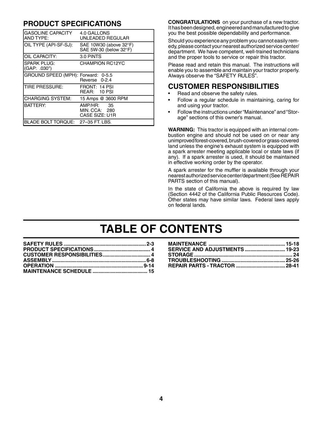 Husqvarna LTH2042 owner manual Table of Contents 