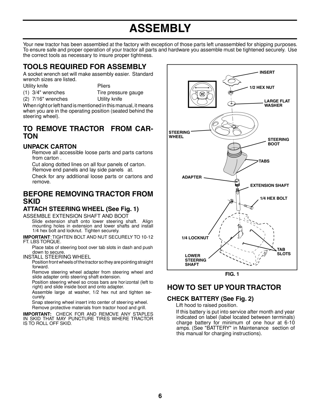 Husqvarna LTH2042 Tools Required for Assembly, To Remove Tractor from CAR- TON, Before Removing Tractor from Skid 