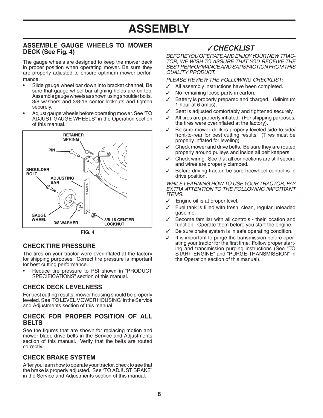 Husqvarna LTH2042 owner manual Assemble Gauge Wheels to Mower Deck See Fig, Check Tire Pressure, Check Deck Levelness 