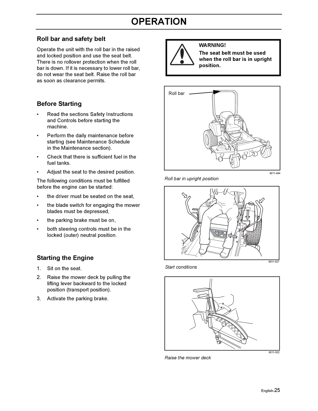 Husqvarna LZ5227TXPKOA, LZ6123LTKOA, LZ6127TKOA, LZ6130TXPKOA, LZ7230TXPKOA Roll bar and safety belt, Before Starting 