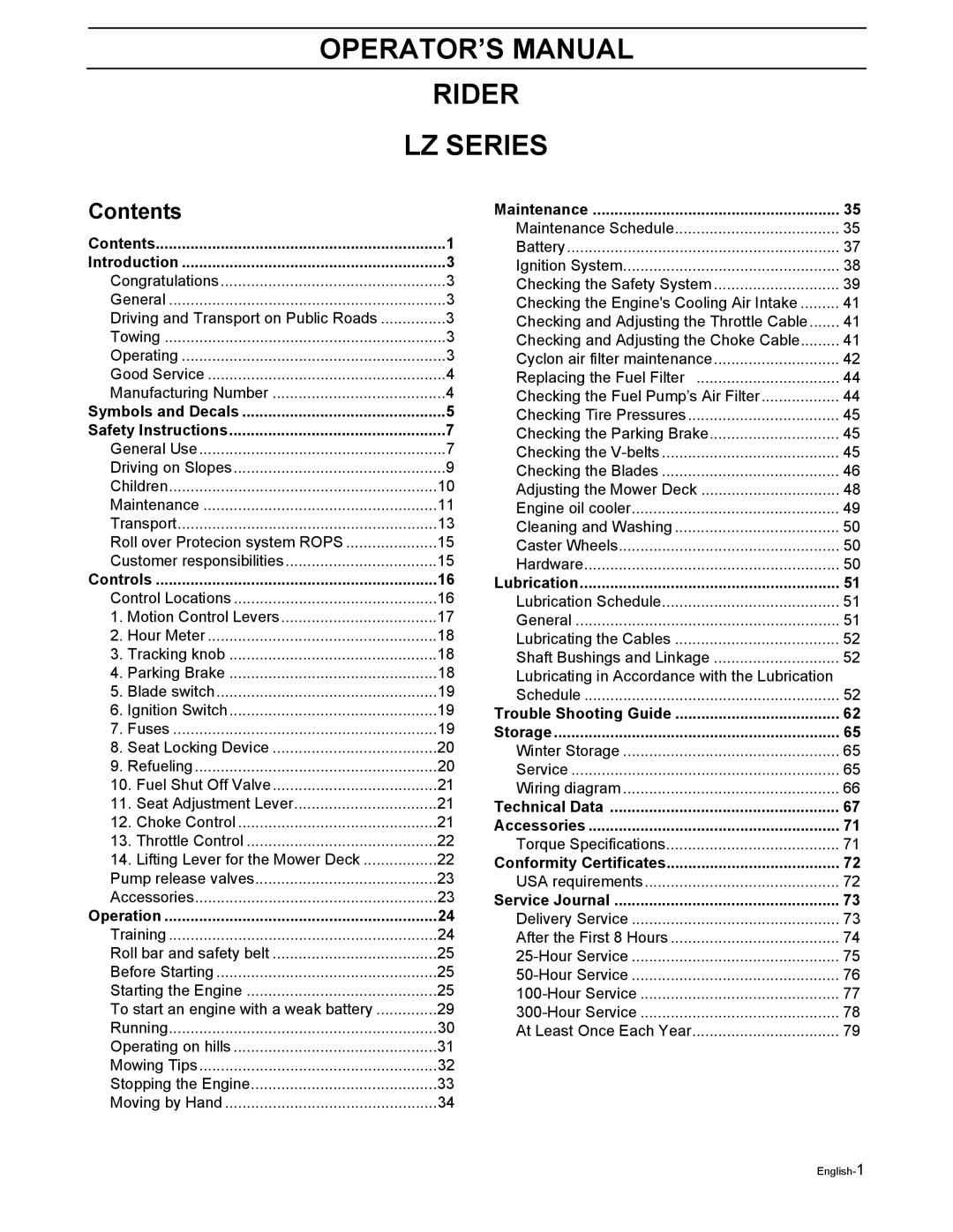 Husqvarna LZ5227TXPKOA, LZ6123LTKOA, LZ6127TKOA, LZ6130TXPKOA, LZ7230TXPKOA OPERATOR’S Manual Rider LZ Series, Contents 