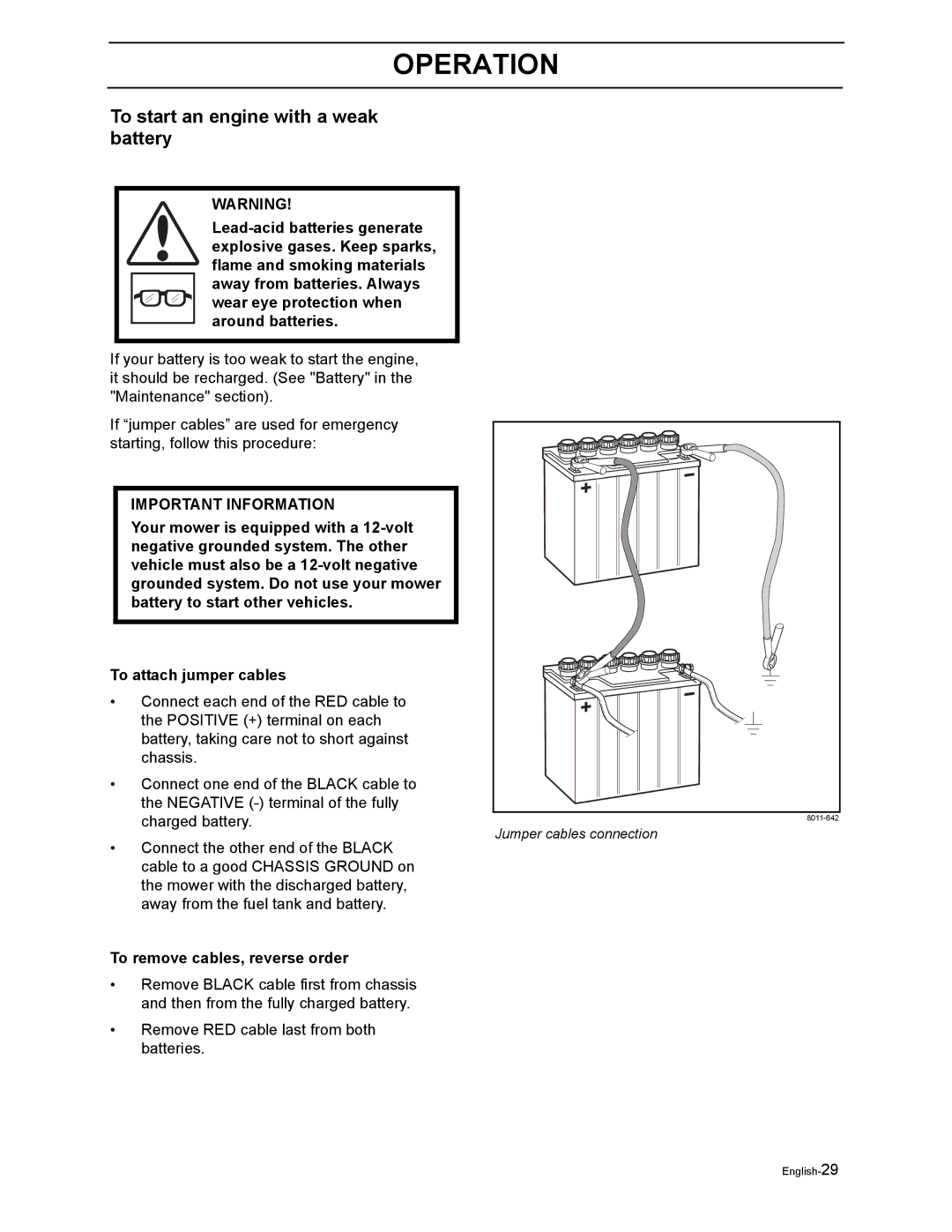 Husqvarna LZ5227TXPKOA, LZ6123LTKOA, LZ6127TKOA, LZ6130TXPKOA, LZ7230TXPKOA manual To start an engine with a weak battery 