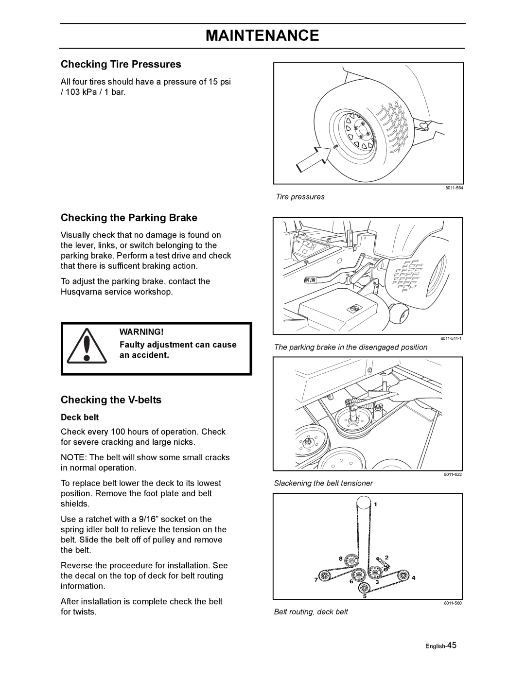 Husqvarna LZ5227TXPKOA, LZ6123LTKOA, LZ6127TKOA, LZ6130TXPKOA, LZ7230TXPKOA Checking Tire Pressures, Checking the V-belts 