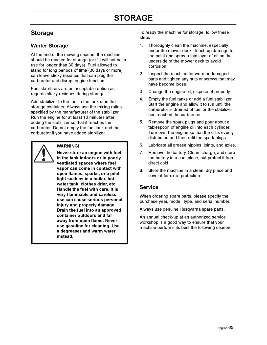 Husqvarna LZ5227TXPKOA, LZ6123LTKOA, LZ6127TKOA, LZ6130TXPKOA, LZ7230TXPKOA manual Winter Storage, Service 