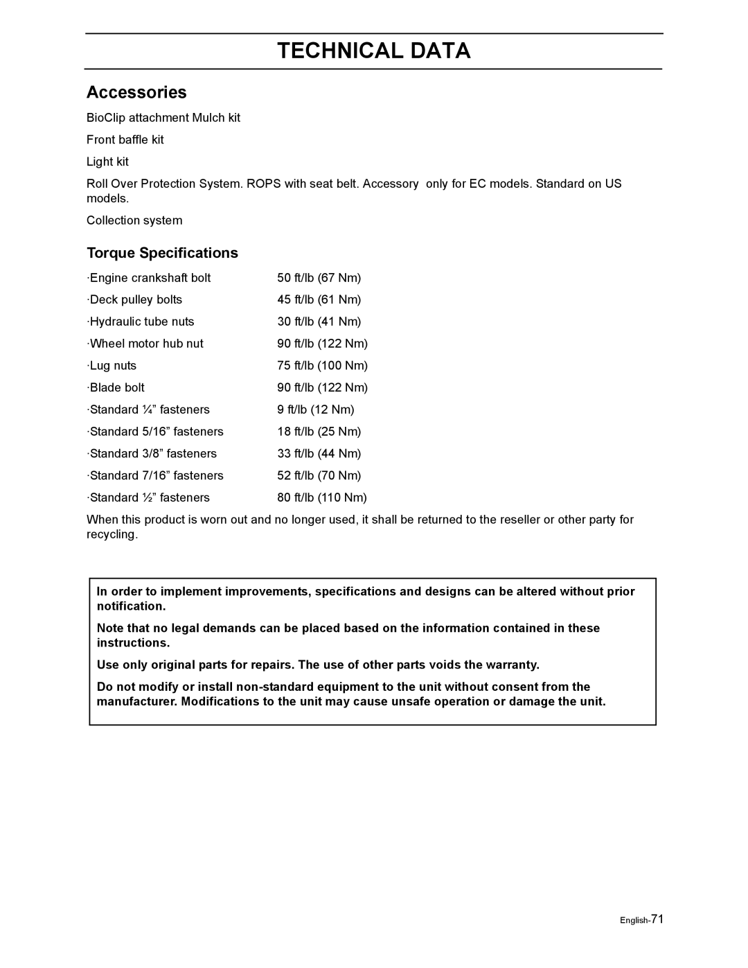 Husqvarna LZ5227TXPKOA, LZ6123LTKOA, LZ6127TKOA, LZ6130TXPKOA, LZ7230TXPKOA manual Accessories, Torque Specifications 