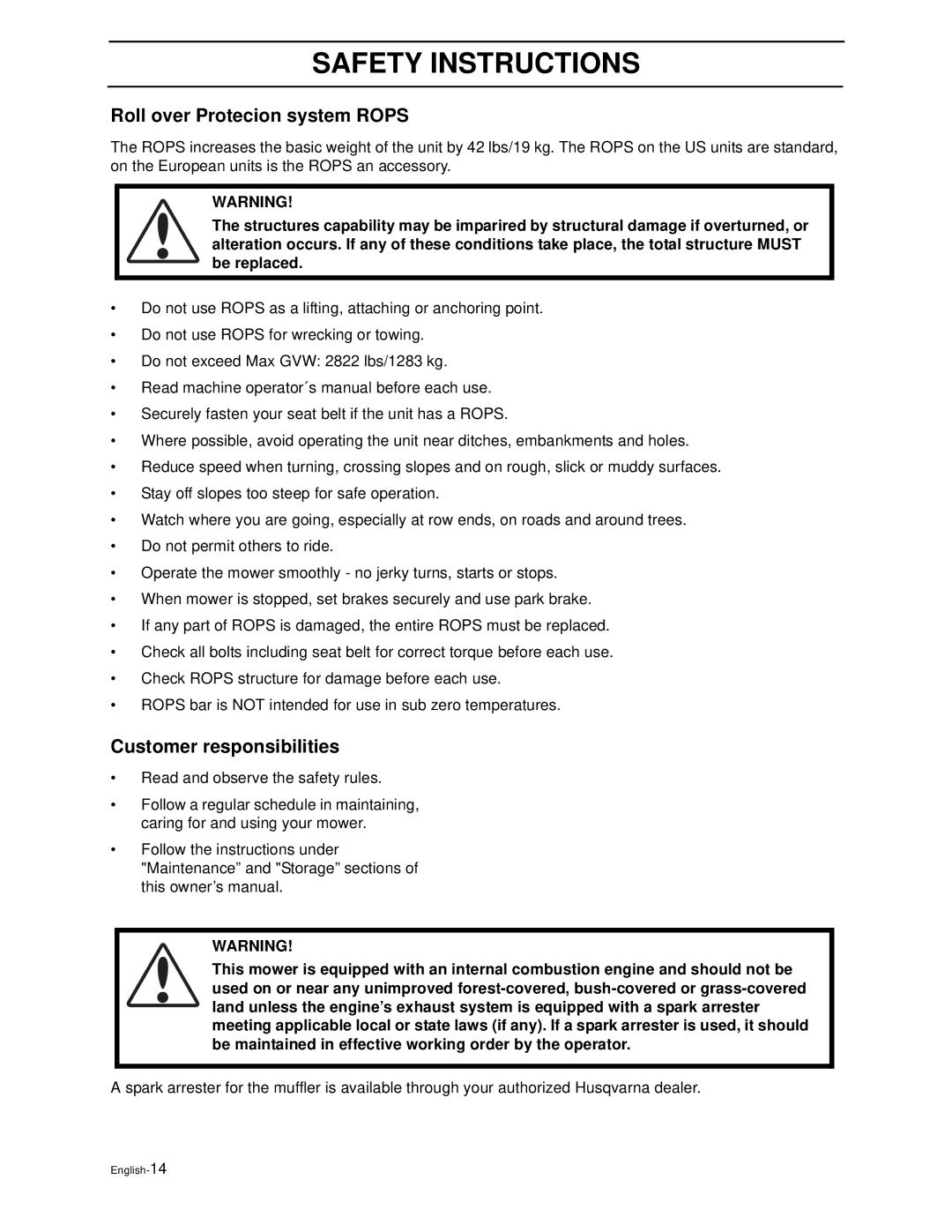 Husqvarna LZ6123TLKOA (968999269), LZ6125TKAA (968999270) manual Roll over Protecion system Rops, Customer responsibilities 