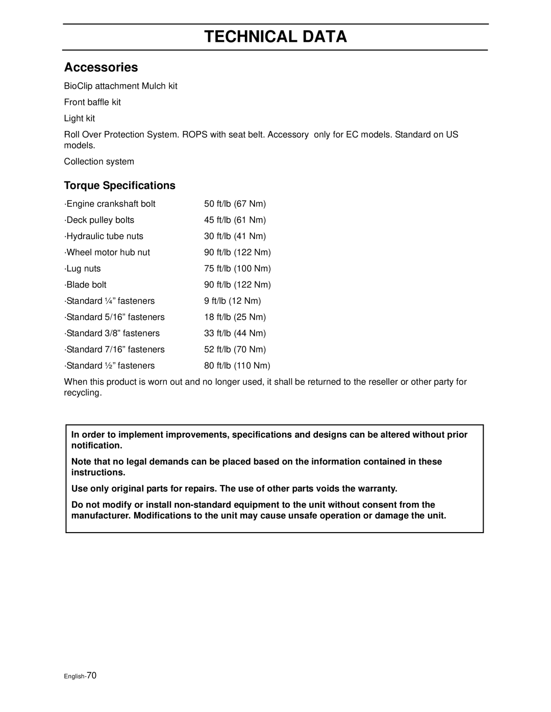 Husqvarna LZ6127TKOA, LZ7227TKOA, LZ6123TLKOA (968999269), LZ6125TKAA (968999270) manual Accessories, Torque Specifications 