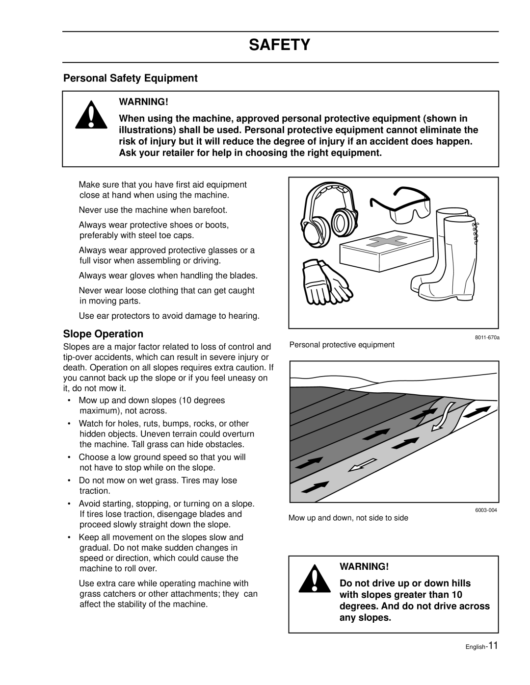 Husqvarna LZ30, LZ30C, LZ7230, LZ6127, LZ6130C, LZ7230C, LZ5227, LZ6130 manual Personal Safety Equipment, Slope Operation 