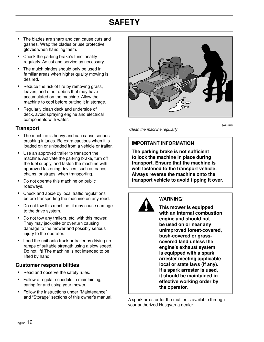 Husqvarna LZ7230, LZ6127, LZ6130C, LZ7230C, LZ5227, LZ6130, LZ30, LZ30C manual Transport, Customer responsibilities 