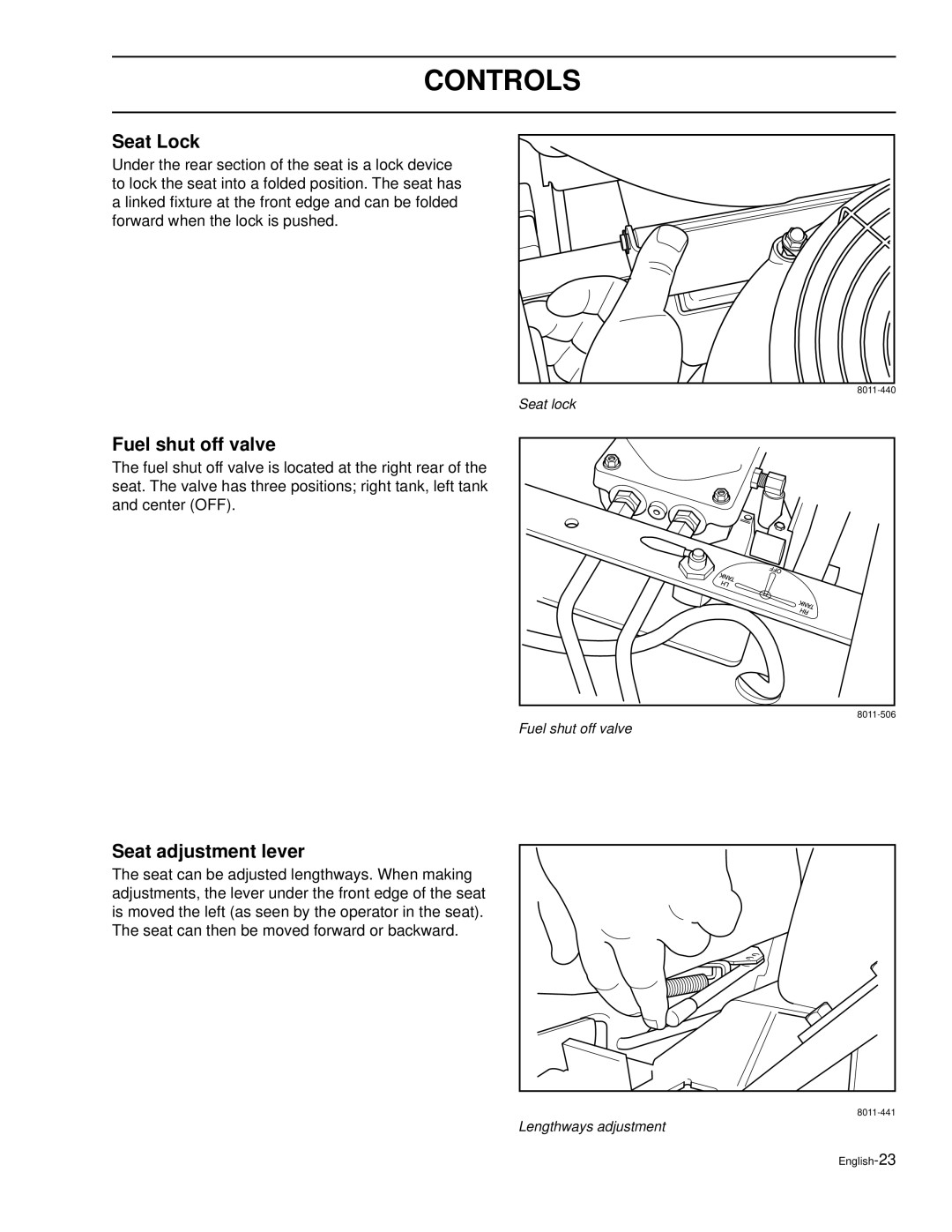 Husqvarna LZ30, LZ30C, LZ7230, LZ6127, LZ6130C, LZ7230C manual Seat Lock, Fuel shut off valve, Seat adjustment lever 