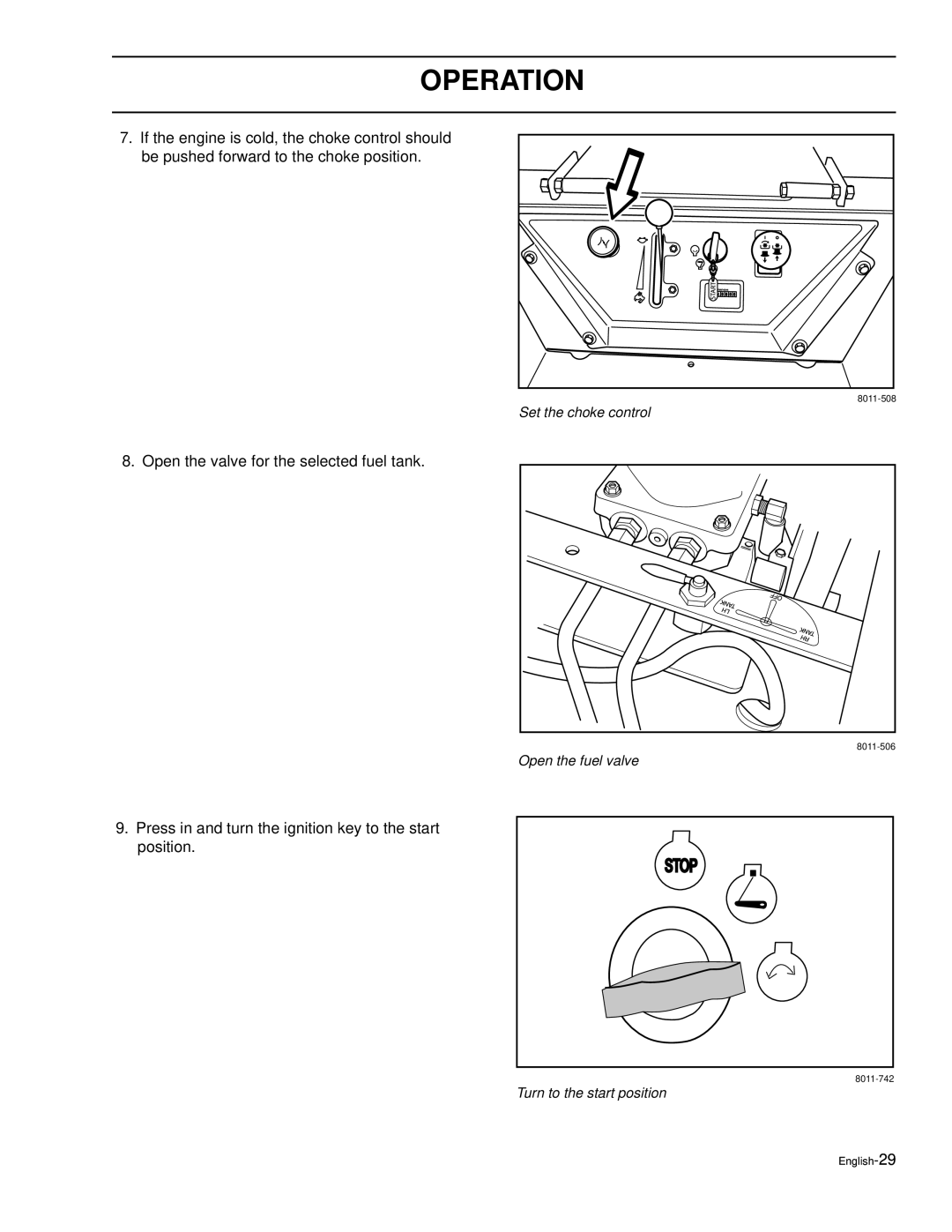 Husqvarna LZ6130C, LZ7230C, LZ7230, LZ6127, LZ5227, LZ6130 manual Press in and turn the ignition key to the start position 