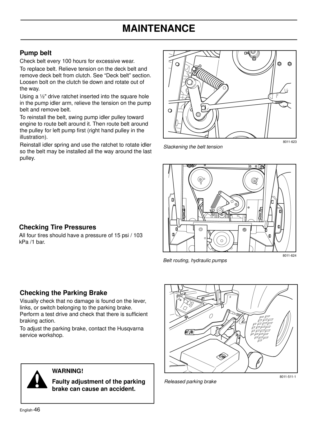 Husqvarna LZ5227, LZ6130, LZ7230, LZ6127, LZ6130C, LZ7230C Pump belt, Checking Tire Pressures, Checking the Parking Brake 