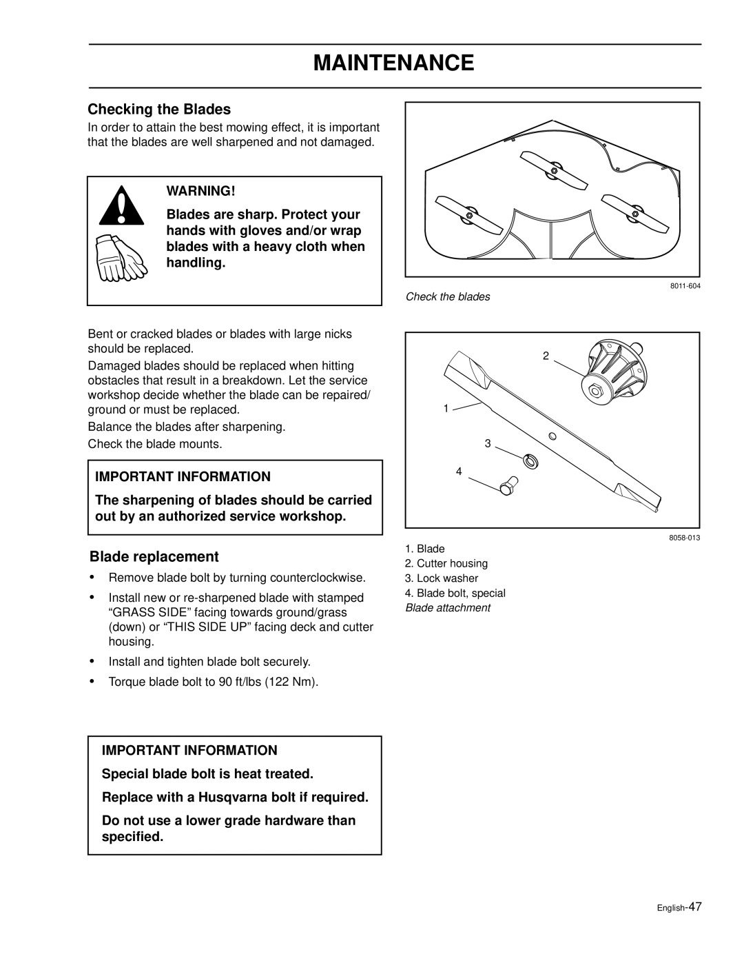 Husqvarna LZ30, LZ30C, LZ7230, LZ6127, LZ6130C, LZ7230C, LZ5227, LZ6130 manual Checking the Blades, Blade replacement 