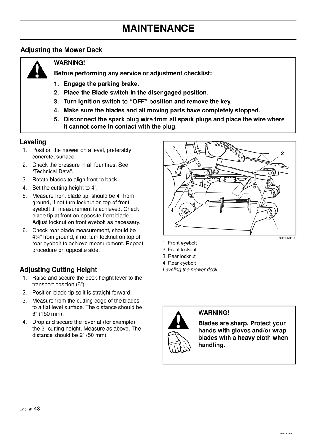 Husqvarna LZ7230, LZ6127, LZ6130C, LZ7230C, LZ5227, LZ6130 Adjusting the Mower Deck, Leveling, Adjusting Cutting Height 