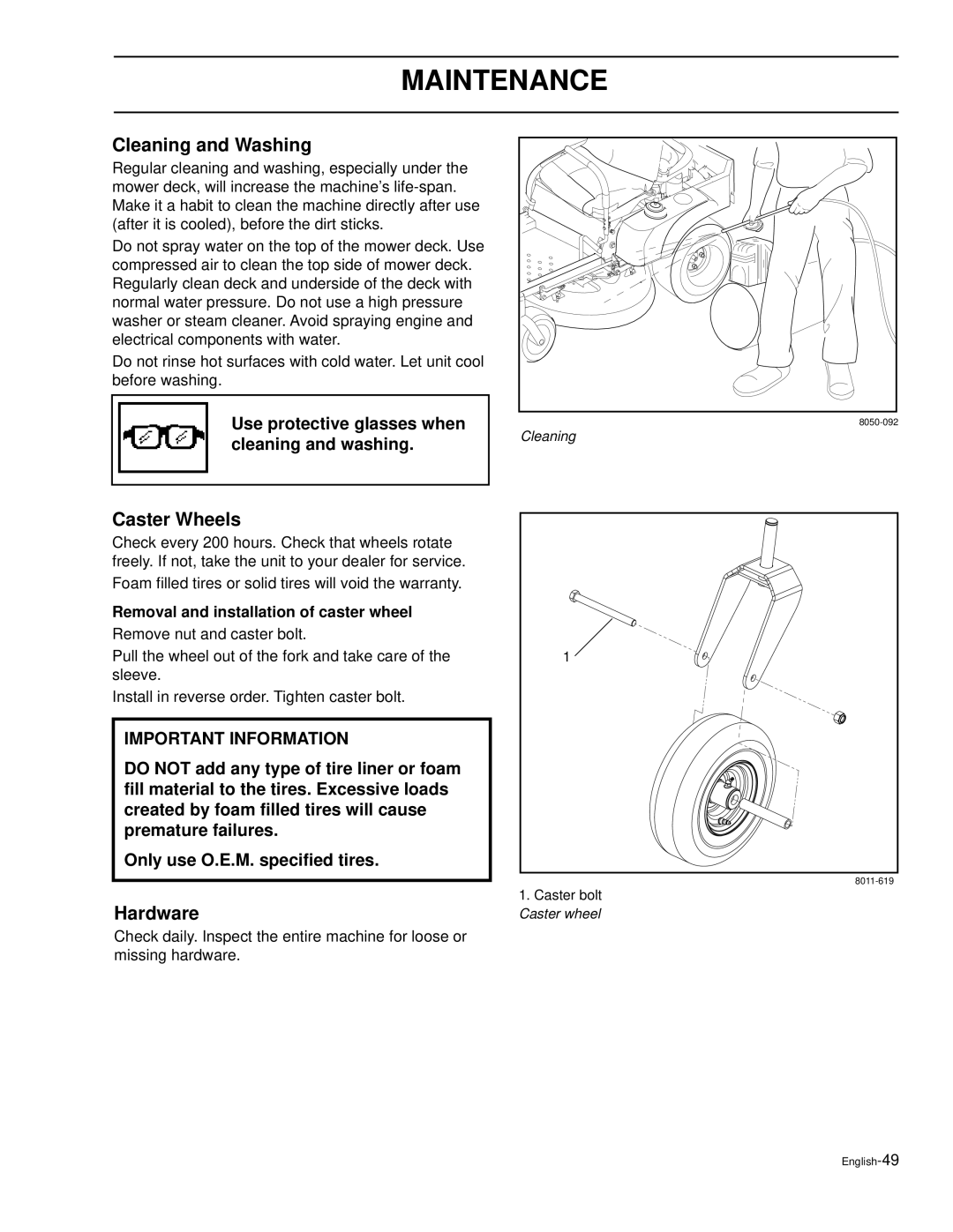 Husqvarna LZ6130C, LZ7230C manual Cleaning and Washing, Caster Wheels, Hardware, Removal and installation of caster wheel 