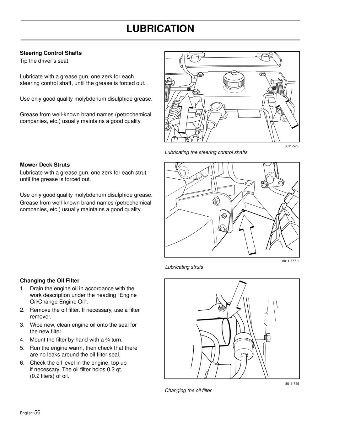 Husqvarna LZ7230, LZ6127, LZ6130C, LZ7230C, LZ30, LZ30C Steering Control Shafts, Mower Deck Struts, Changing the Oil Filter 