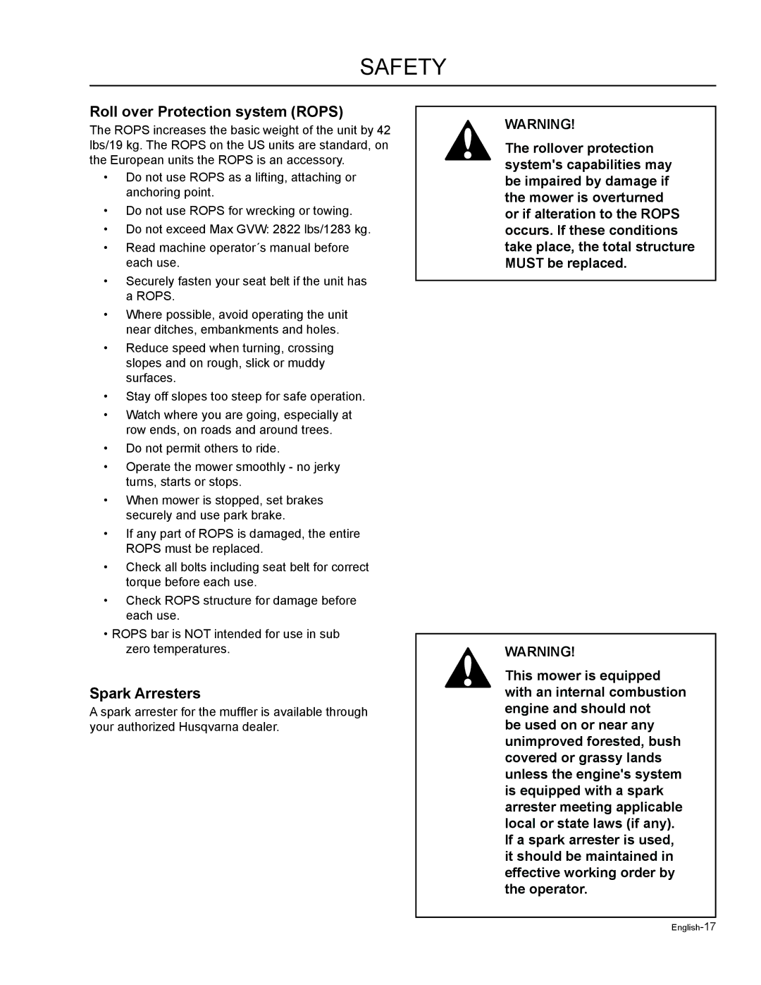 Husqvarna LZF5227, LZF6127 manual Roll over Protection system Rops, Spark Arresters 