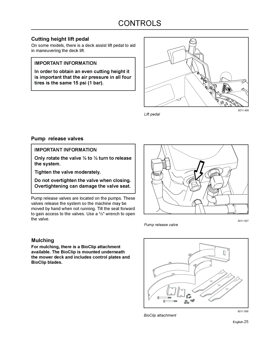 Husqvarna LZF5227, LZF6127 manual Cutting height lift pedal, Pump release valves, Mulching 