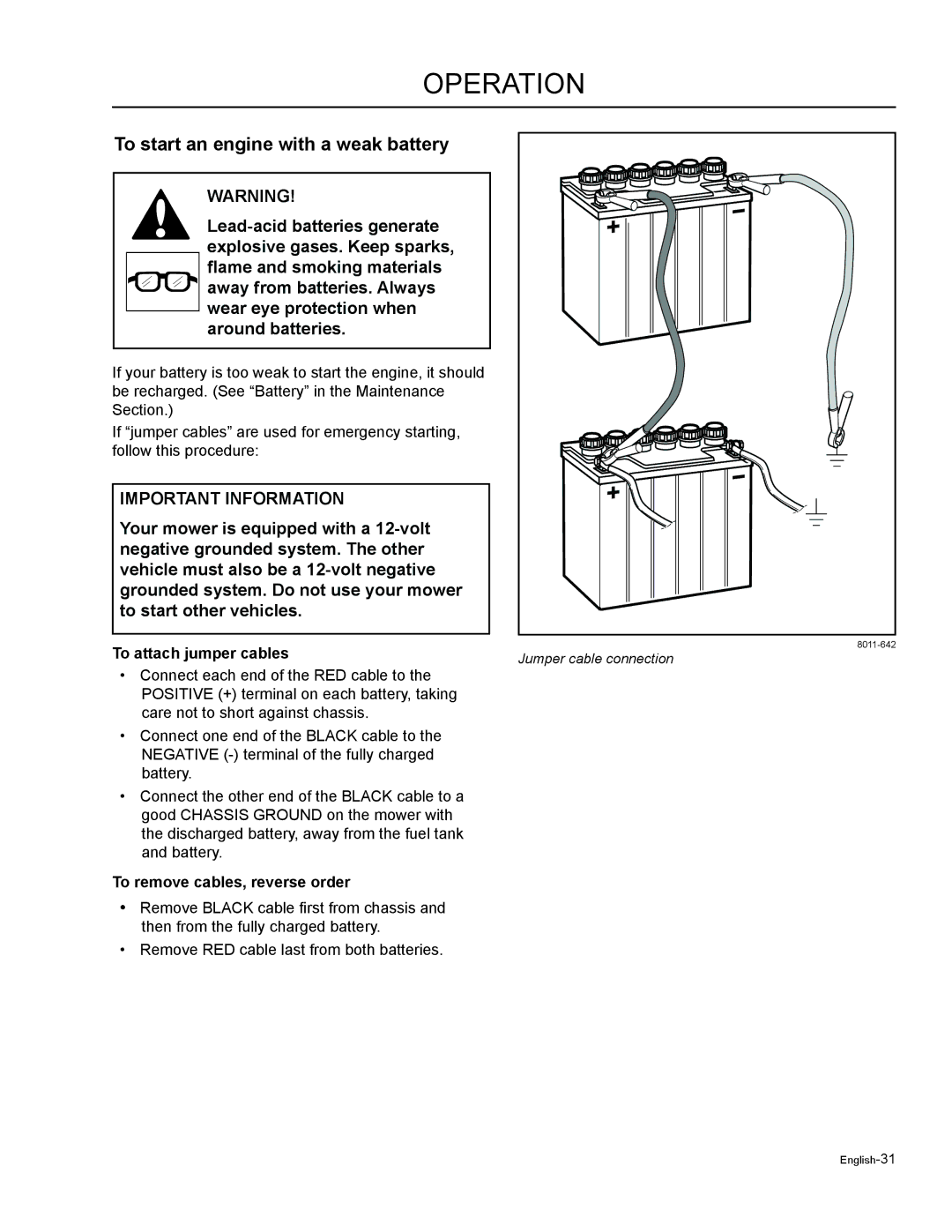 Husqvarna LZF5227 manual To start an engine with a weak battery, To attach jumper cables, To remove cables, reverse order 