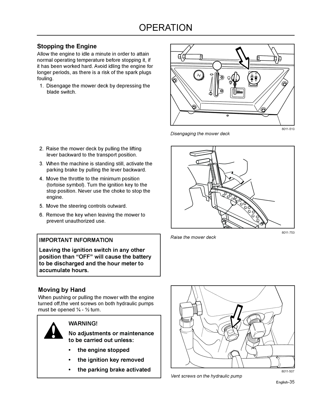 Husqvarna LZF5227, LZF6127 manual Stopping the Engine, Moving by Hand 