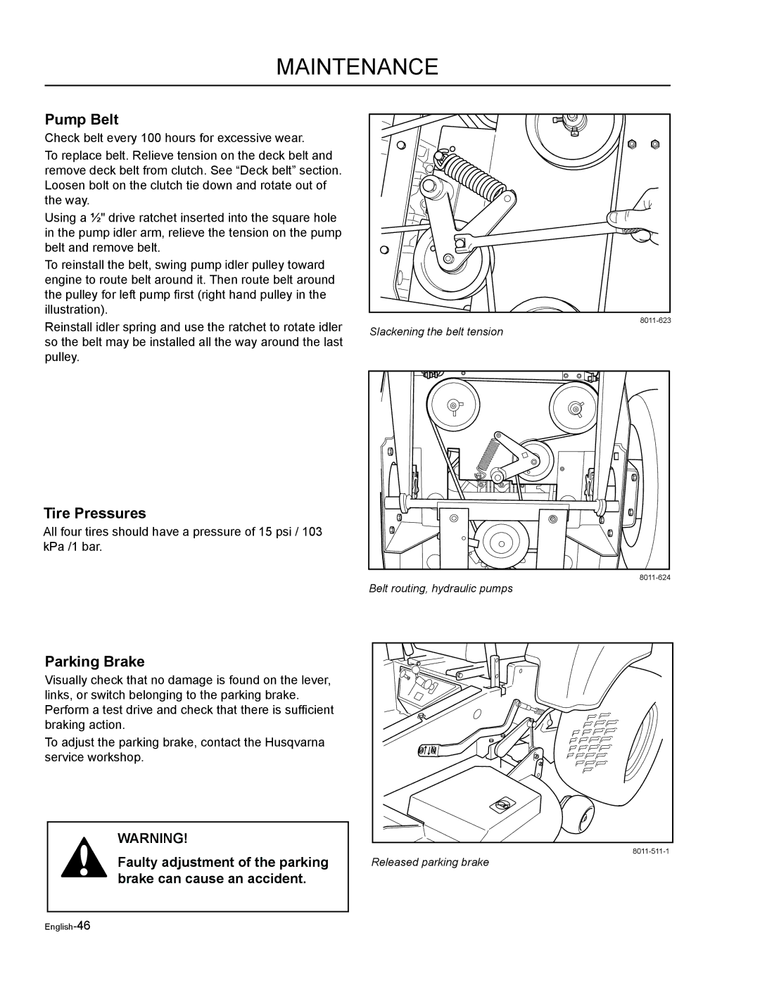 Husqvarna LZF6127, LZF5227 manual Pump Belt, Tire Pressures 