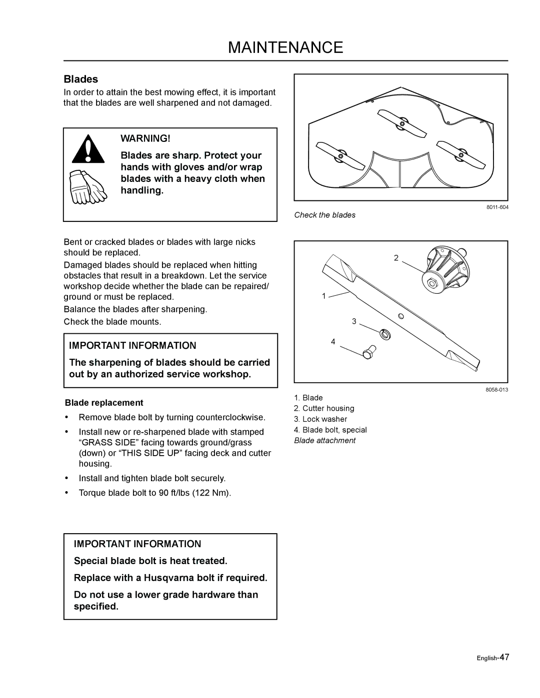 Husqvarna LZF5227, LZF6127 manual Blades, Blade replacement 